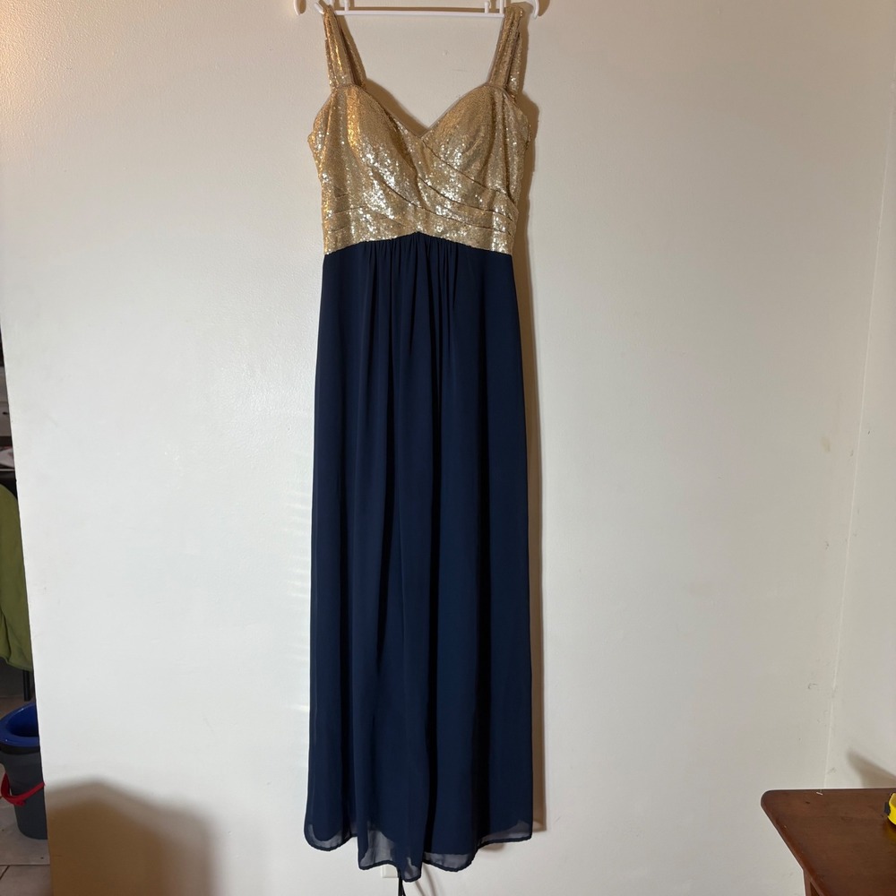 B. Jasmine Collection Glitter Sequin Bodice Navy Chiffon Maxi Dress Size 10